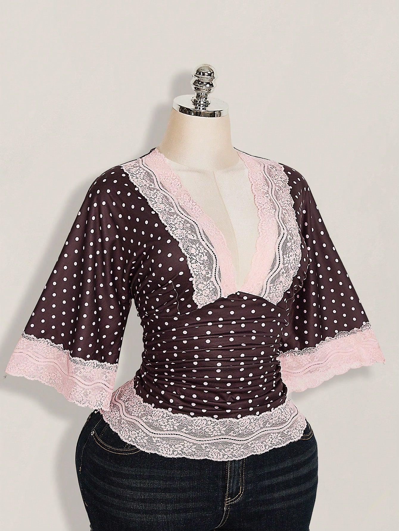 ICON Plus Size Y2K Casual Polka Dot Sexy V-Neck Lace Patchwork Flare Sleeve Top