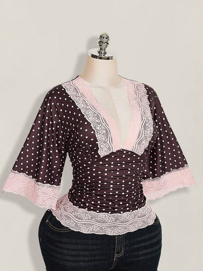 ICON Plus Size Y2K Casual Polka Dot Sexy V-Neck Lace Patchwork Flare Sleeve Top