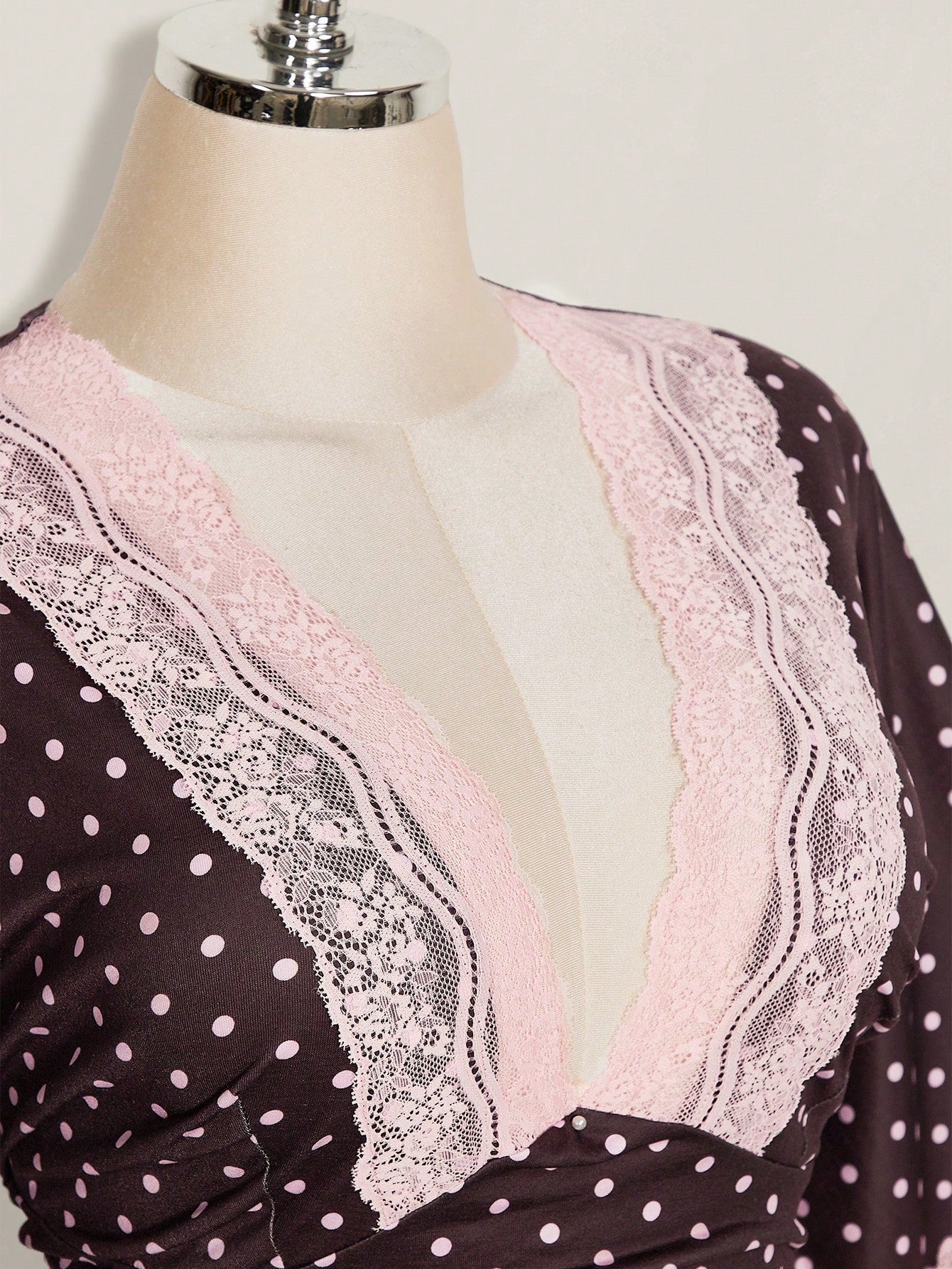 ICON Plus Size Y2K Casual Polka Dot Sexy V-Neck Lace Patchwork Flare Sleeve Top