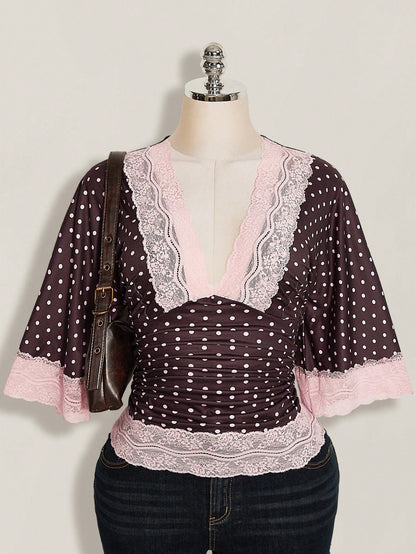 ICON Plus Size Y2K Casual Polka Dot Sexy V-Neck Lace Patchwork Flare Sleeve Top