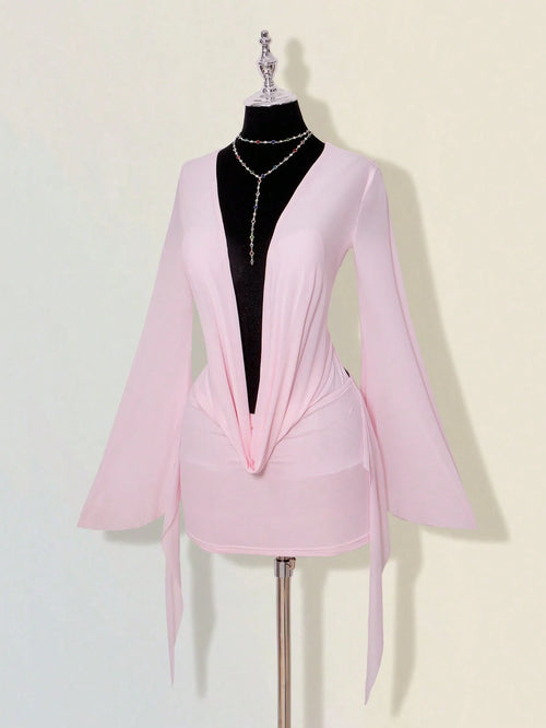 ICON Sexy Oversized Plunging Neckline Mesh Patchwork Backless Mini Dress Pink,Dresses For Women Elegant,Autumn Dresses For Women Club Night Out