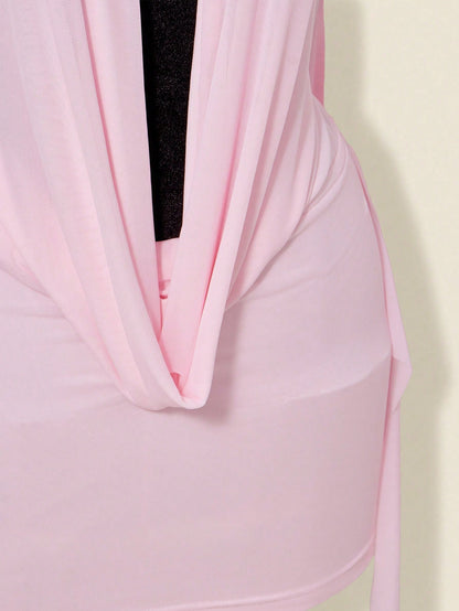 ICON Sexy Oversized Plunging Neckline Mesh Patchwork Backless Mini Dress Pink,Dresses For Women Elegant,Autumn Dresses For Women Club Night Out