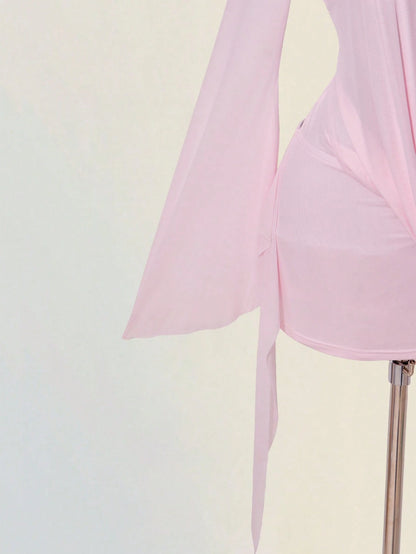 ICON Sexy Oversized Plunging Neckline Mesh Patchwork Backless Mini Dress Pink,Dresses For Women Elegant,Autumn Dresses For Women Club Night Out