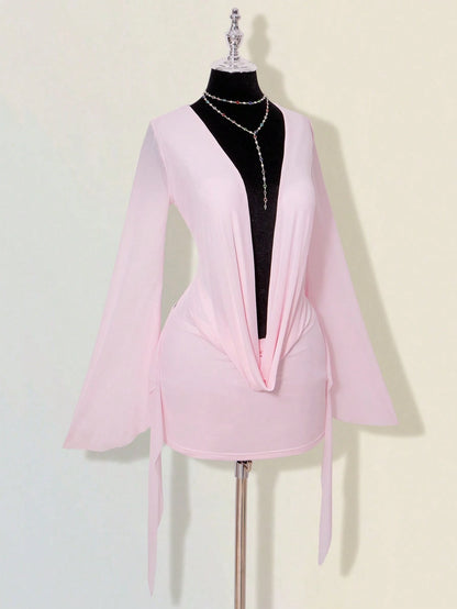 ICON Sexy Oversized Plunging Neckline Mesh Patchwork Backless Mini Dress Pink,Dresses For Women Elegant,Autumn Dresses For Women Club Night Out