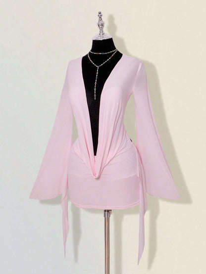 ICON Sexy Oversized Plunging Neckline Mesh Patchwork Backless Mini Dress Pink,Dresses For Women Elegant,Autumn Dresses For Women Club Night Out