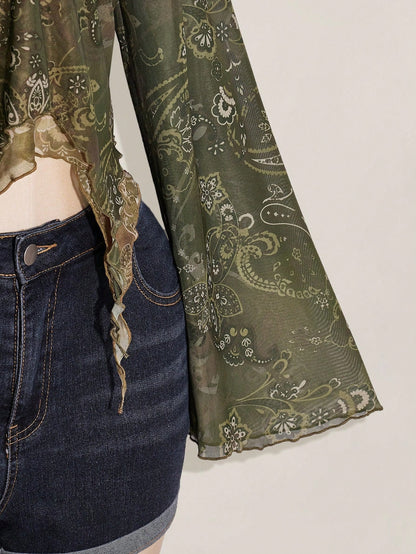 ICON Women's Boho Holiday Paisley Print T-Shirt, Asymmetric Hem, Bell Sleeves, Vintage, Fall
