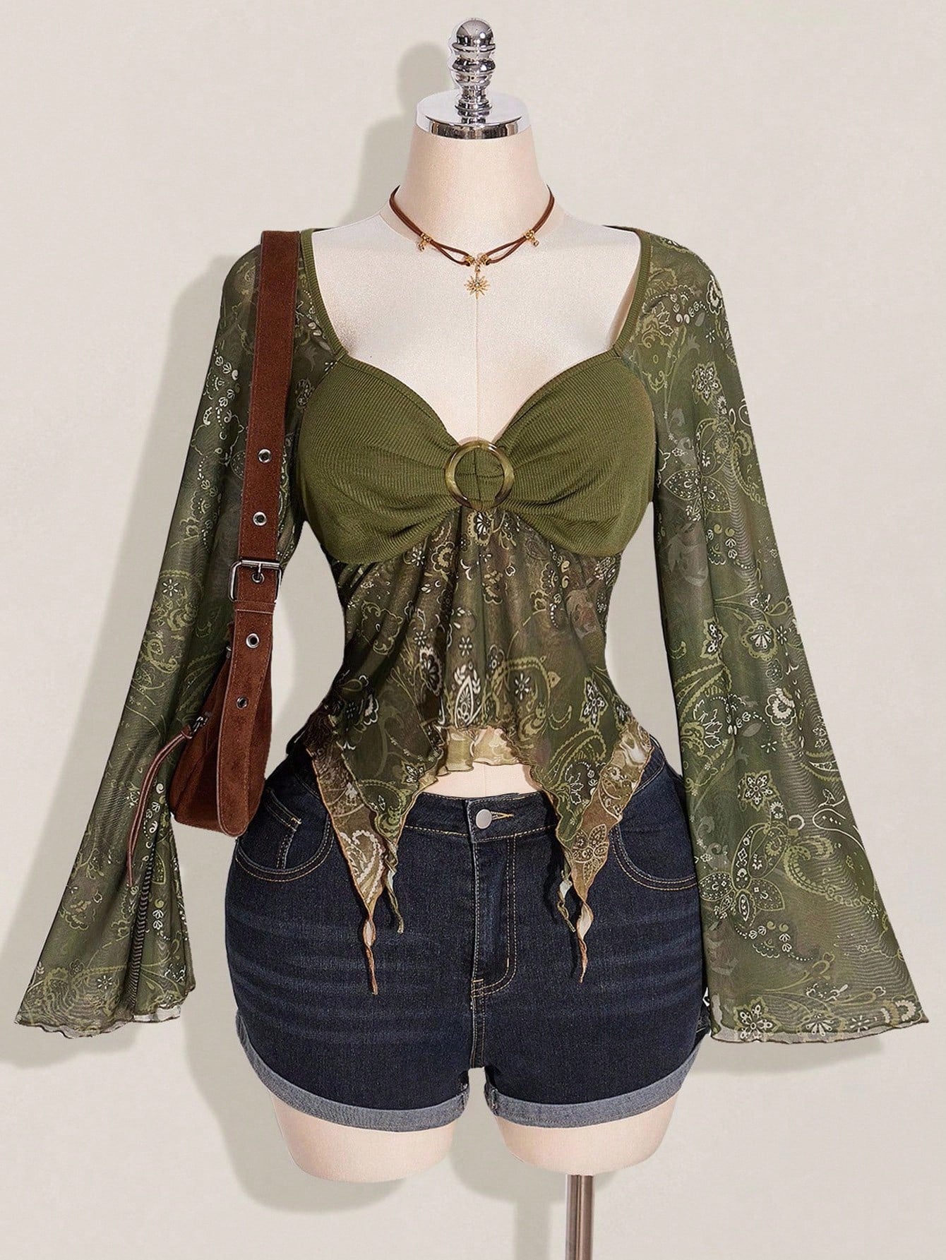 ICON Women's Boho Holiday Paisley Print T-Shirt, Asymmetric Hem, Bell Sleeves, Vintage, Fall