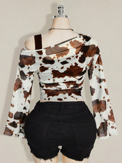 ICON Women's Plus Size Cow Print Print 2 In 1 Top Club Date Night Cocktail Rave Autumn Sexy Fall White
