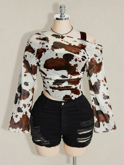 ICON Women's Plus Size Cow Print Print 2 In 1 Top Club Date Night Cocktail Rave Autumn Sexy Fall White