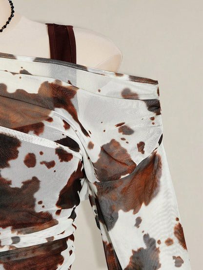 ICON Women's Plus Size Cow Print Print 2 In 1 Top Club Date Night Cocktail Rave Autumn Sexy Fall White