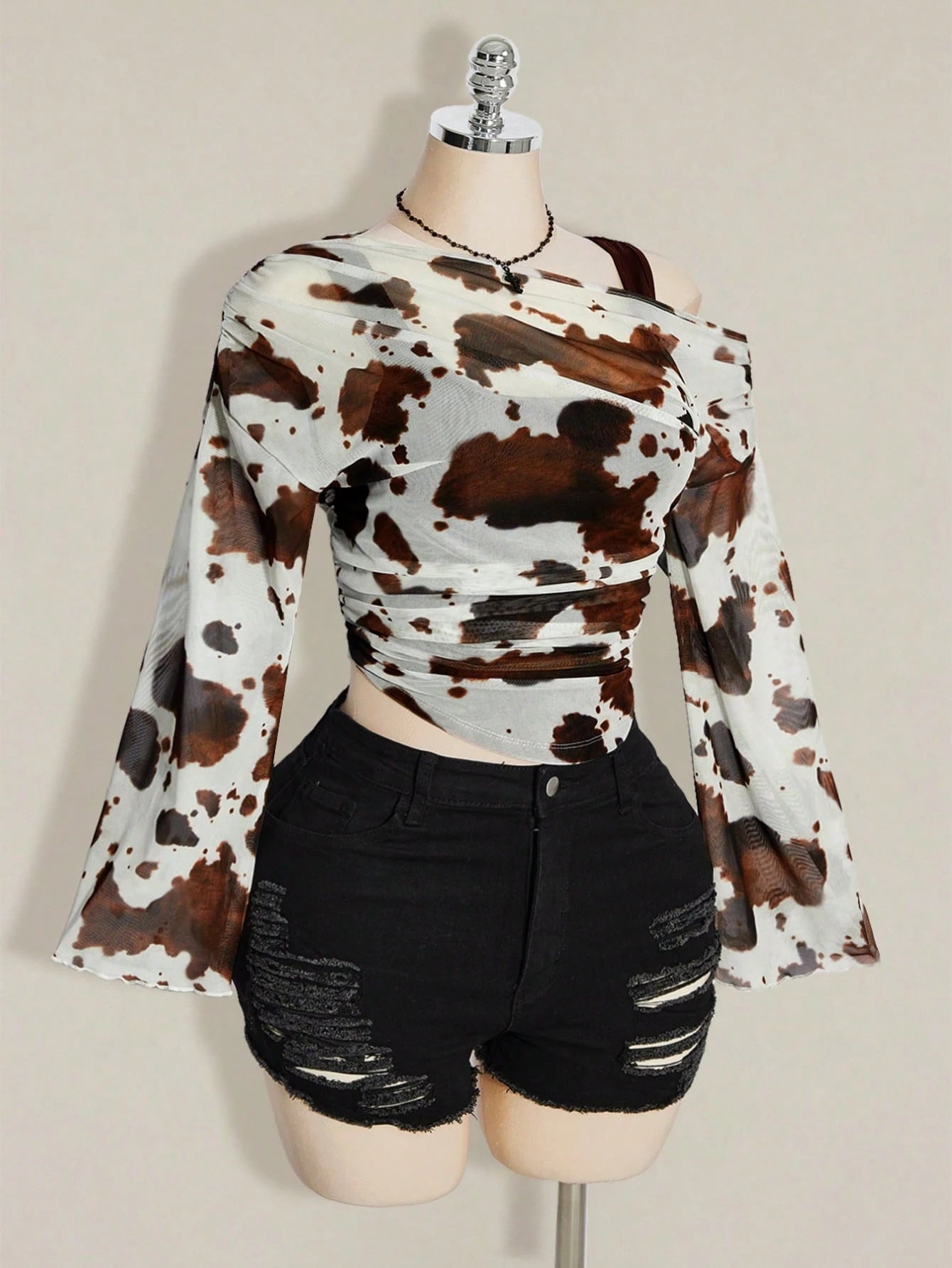 ICON Women's Plus Size Cow Print Print 2 In 1 Top Club Date Night Cocktail Rave Autumn Sexy Fall White