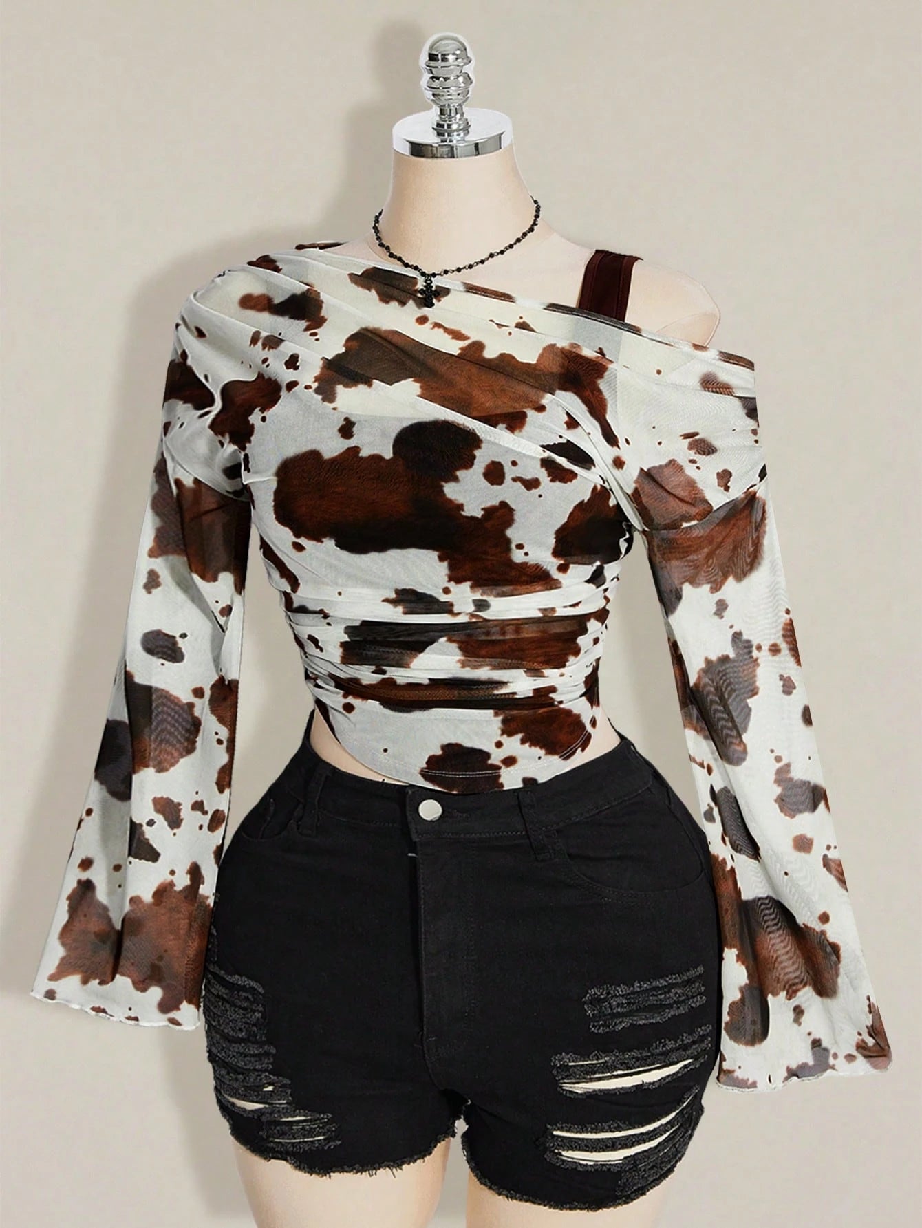 ICON Women's Plus Size Cow Print Print 2 In 1 Top Club Date Night Cocktail Rave Autumn Sexy Fall White