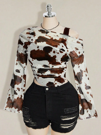 ICON Women's Plus Size Cow Print Print 2 In 1 Top Club Date Night Cocktail Rave Autumn Sexy Fall White
