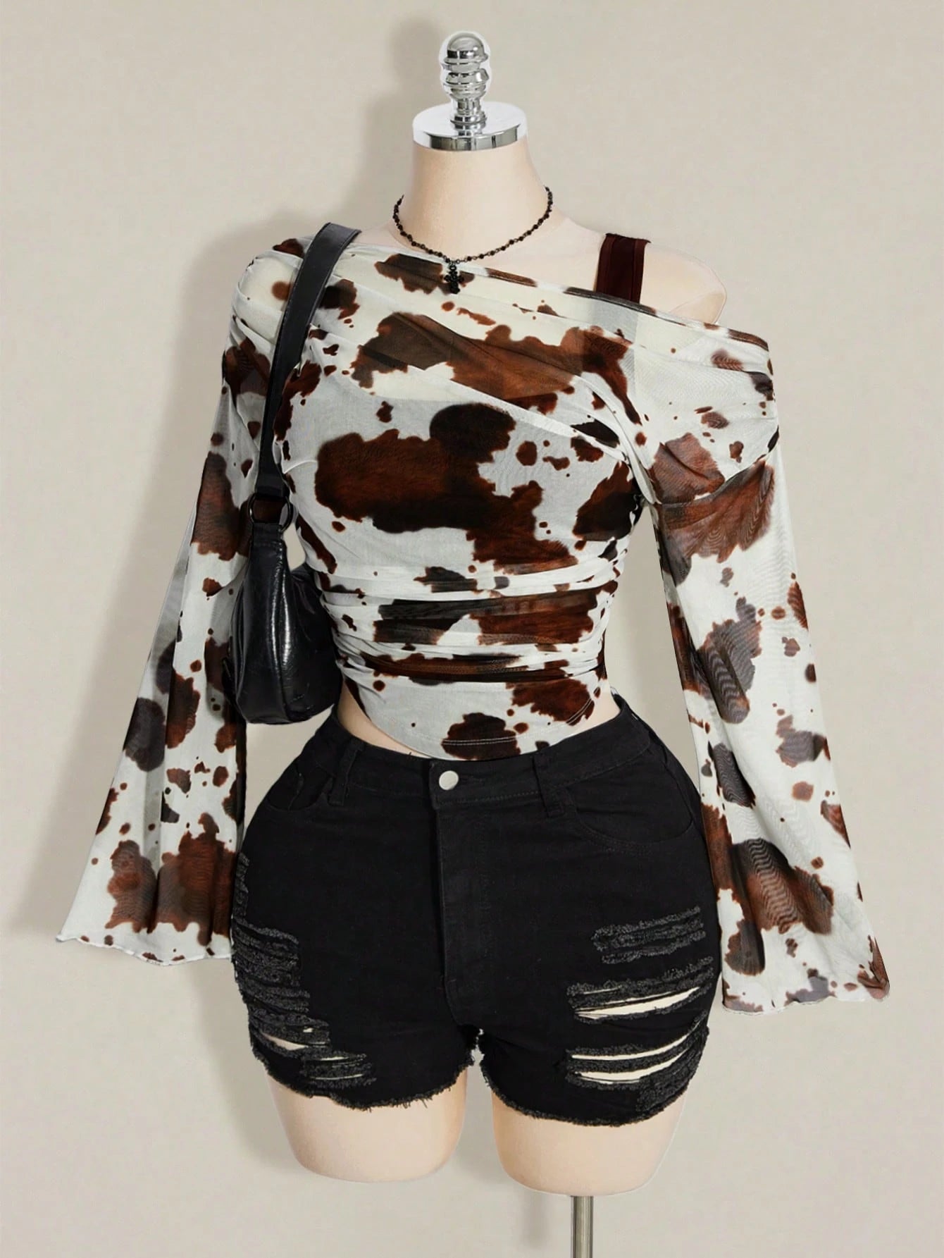 ICON Women's Plus Size Cow Print Print 2 In 1 Top Club Date Night Cocktail Rave Autumn Sexy Fall White