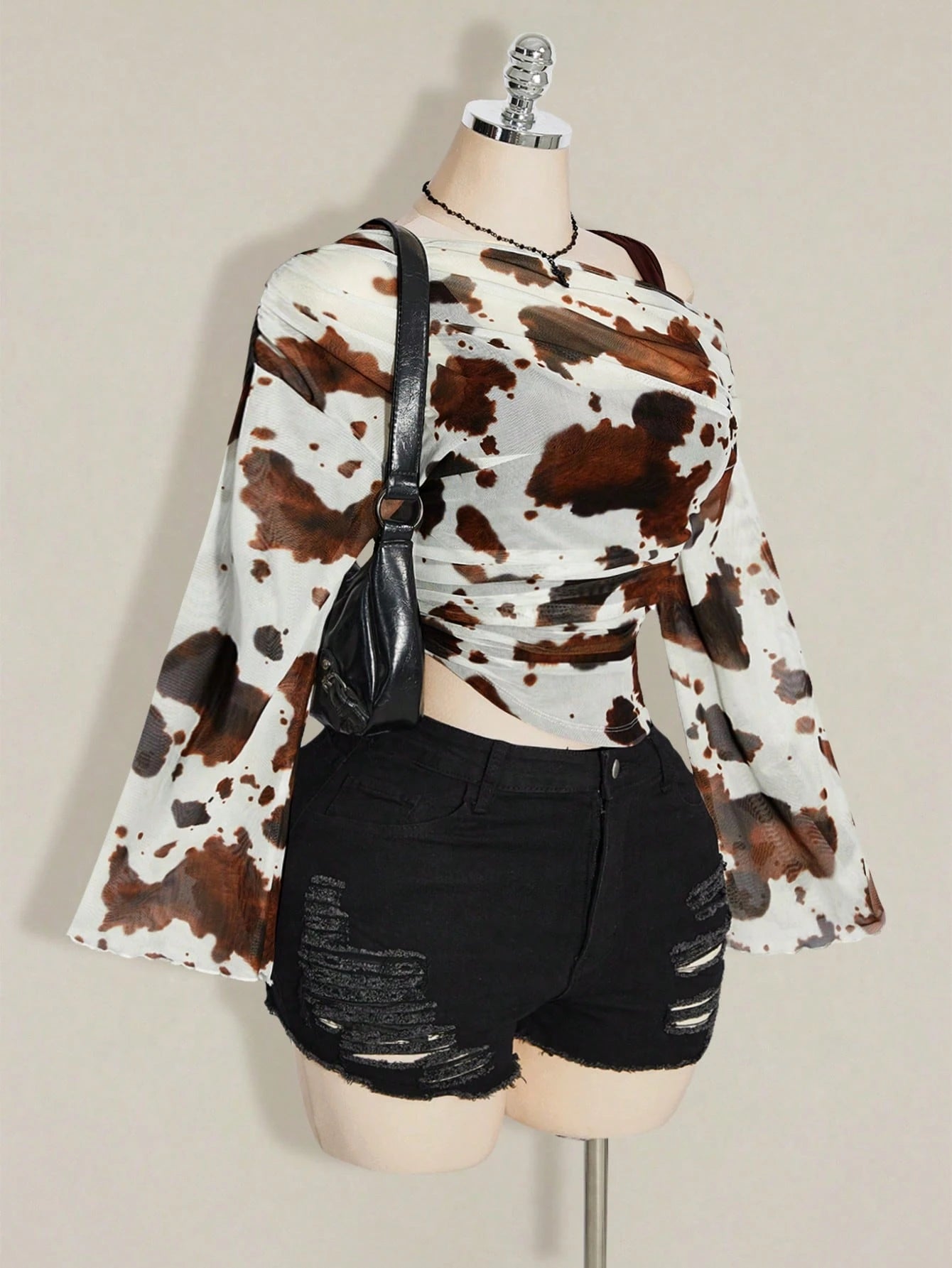 ICON Women's Plus Size Cow Print Print 2 In 1 Top Club Date Night Cocktail Rave Autumn Sexy Fall White
