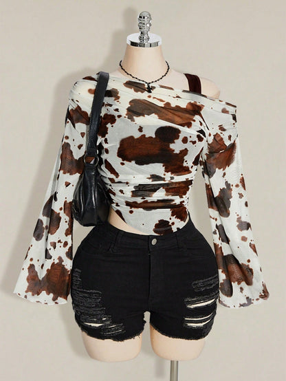 ICON Women's Plus Size Cow Print Print 2 In 1 Top Club Date Night Cocktail Rave Autumn Sexy Fall White