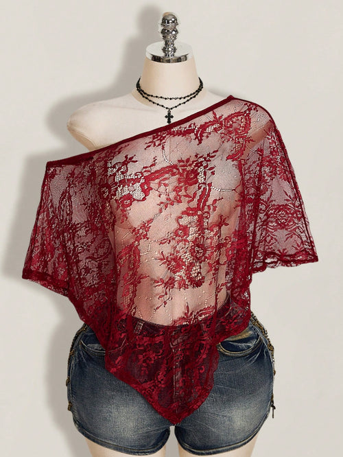 ICON Women's Plus Size Lace One Shoulder Asymmetrical Hem Cover-Up Top