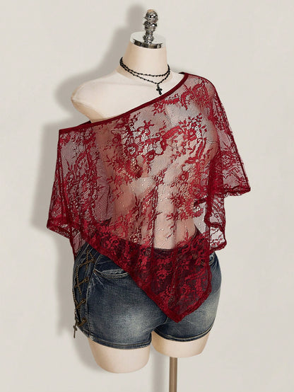 ICON Women's Plus Size Lace One Shoulder Asymmetrical Hem Cover-Up Top