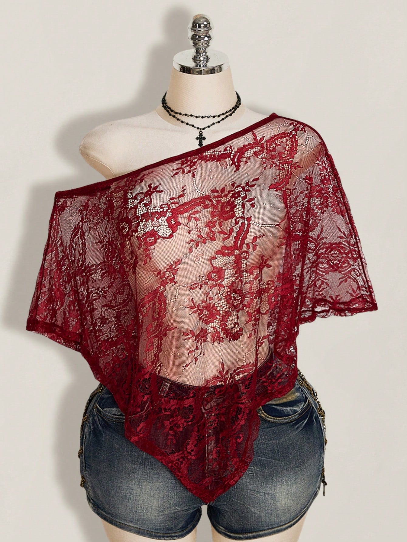 ICON Women's Plus Size Lace One Shoulder Asymmetrical Hem Cover-Up Top