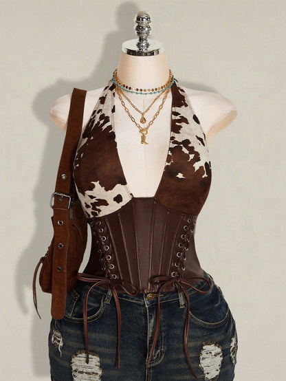 ICON Women's Plus Size Retro Sexy Millennial Style Y2K Western Bohemian Style Deep V-Neck Halter Neck Suede Cow Print Patchwork Brown Leather Vest