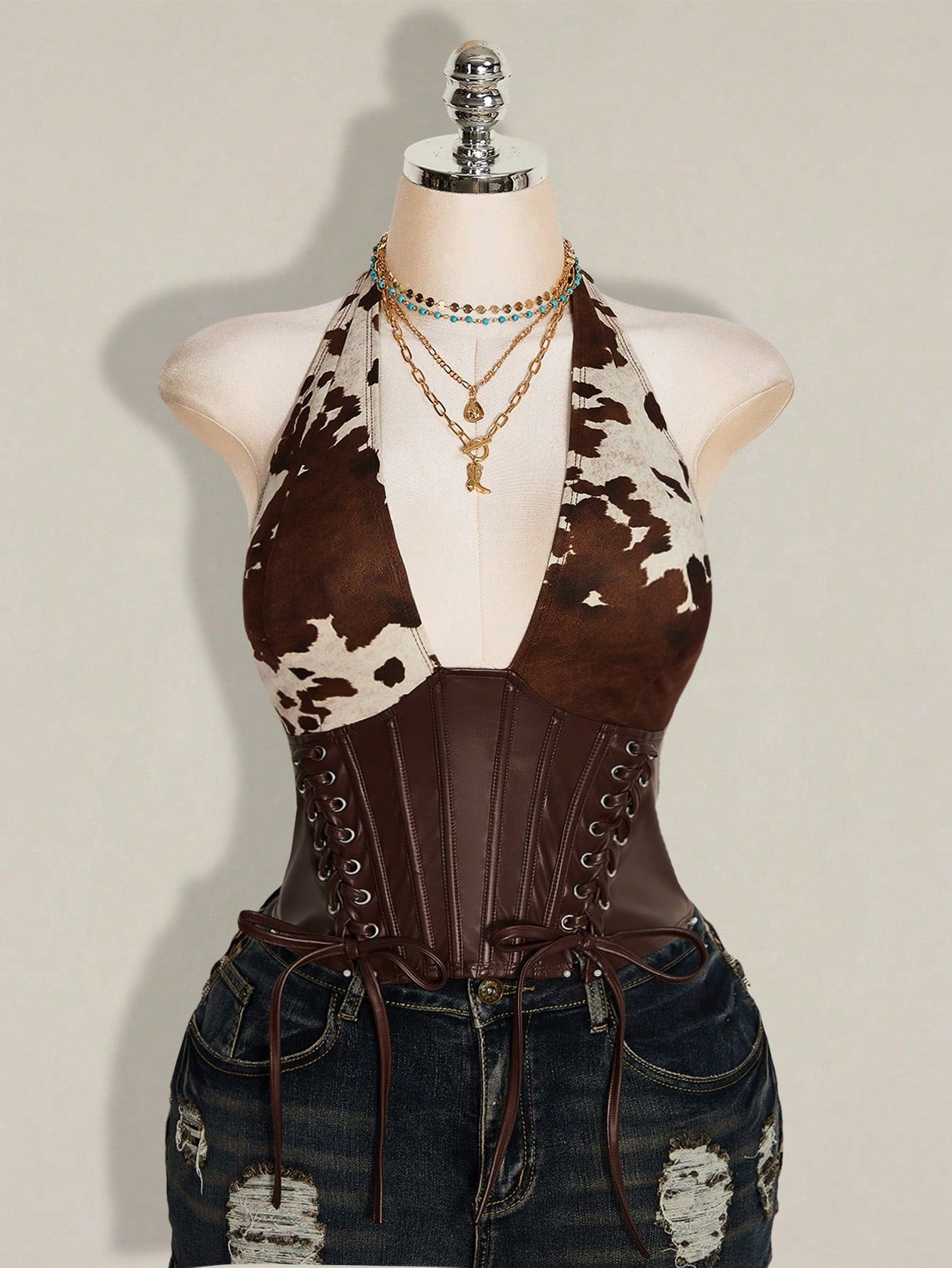 ICON Women's Plus Size Retro Sexy Millennial Style Y2K Western Bohemian Style Deep V-Neck Halter Neck Suede Cow Print Patchwork Brown Leather Vest