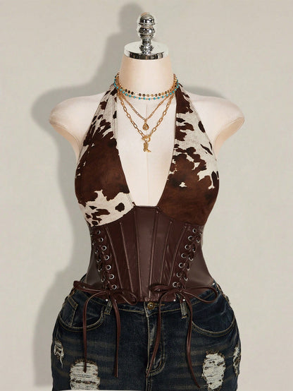 ICON Women's Plus Size Retro Sexy Millennial Style Y2K Western Bohemian Style Deep V-Neck Halter Neck Suede Cow Print Patchwork Brown Leather Vest