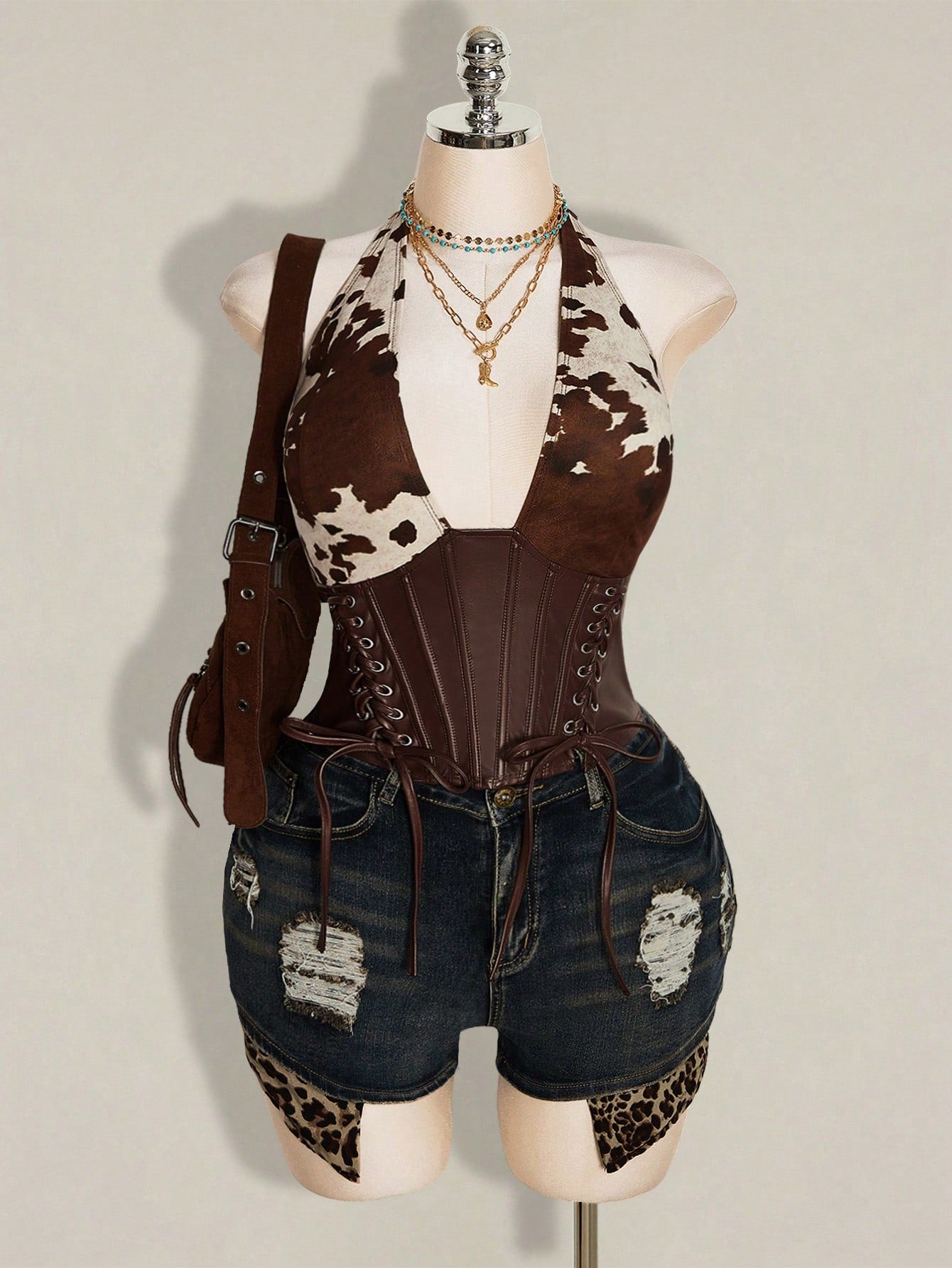 ICON Women's Plus Size Retro Sexy Millennial Style Y2K Western Bohemian Style Deep V-Neck Halter Neck Suede Cow Print Patchwork Brown Leather Vest