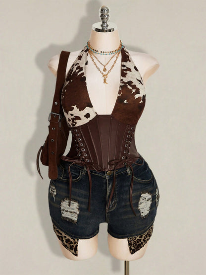 ICON Women's Plus Size Retro Sexy Millennial Style Y2K Western Bohemian Style Deep V-Neck Halter Neck Suede Cow Print Patchwork Brown Leather Vest