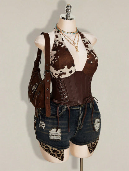 ICON Women's Plus Size Retro Sexy Millennial Style Y2K Western Bohemian Style Deep V-Neck Halter Neck Suede Cow Print Patchwork Brown Leather Vest
