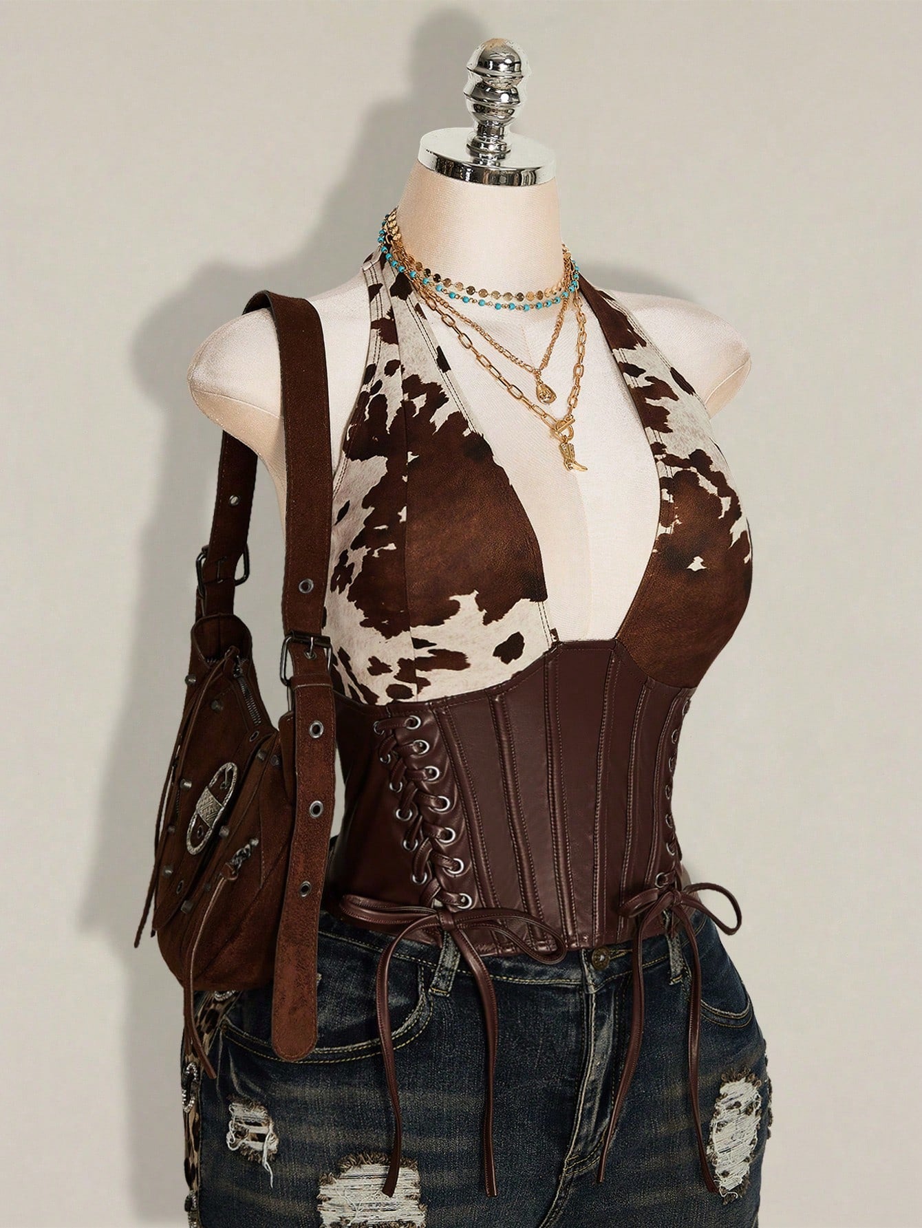 ICON Women's Plus Size Retro Sexy Millennial Style Y2K Western Bohemian Style Deep V-Neck Halter Neck Suede Cow Print Patchwork Brown Leather Vest