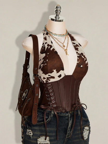ICON Women's Plus Size Retro Sexy Millennial Style Y2K Western Bohemian Style Deep V-Neck Halter Neck Suede Cow Print Patchwork Brown Leather Vest