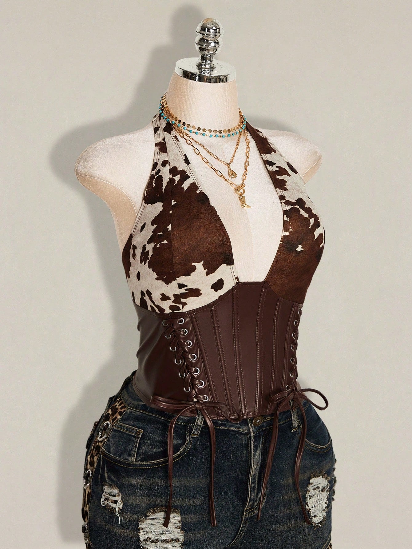 ICON Women's Plus Size Retro Sexy Millennial Style Y2K Western Bohemian Style Deep V-Neck Halter Neck Suede Cow Print Patchwork Brown Leather Vest