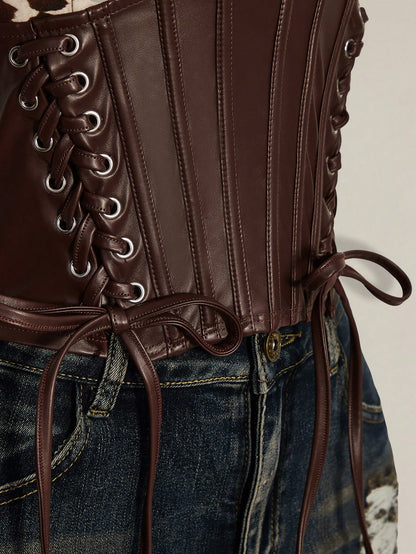 ICON Women's Plus Size Retro Sexy Millennial Style Y2K Western Bohemian Style Deep V-Neck Halter Neck Suede Cow Print Patchwork Brown Leather Vest