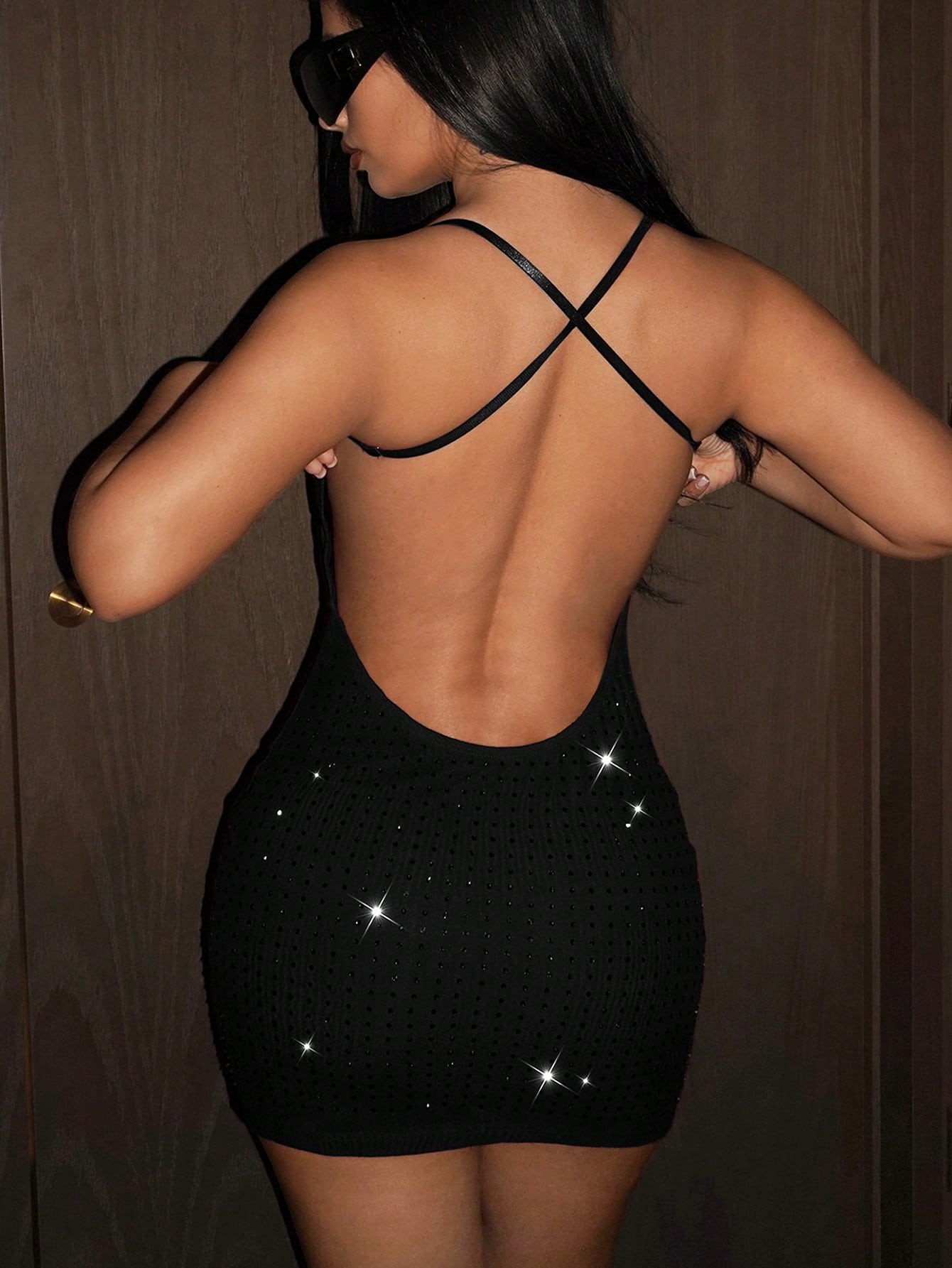 ICON Women Spring Summer Outfits Rave Festival Sparkling Fashionable Sexy Backless Sparkly Rhinestone Fitted Mini Dress New Years Black