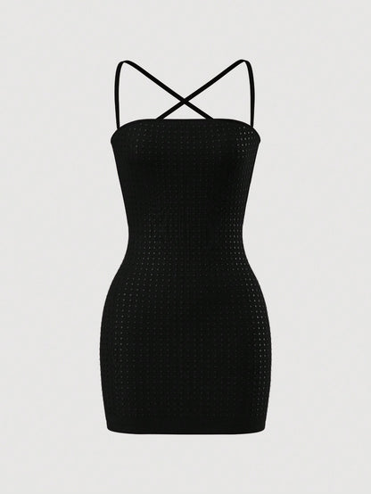ICON Women Spring Summer Outfits Rave Festival Sparkling Fashionable Sexy Backless Sparkly Rhinestone Fitted Mini Dress New Years Black