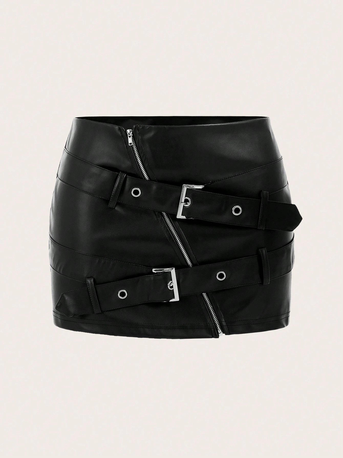 ICON Y2k Black Pu Mini Skirt With Slanted Zipper And Belt Detail