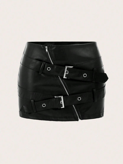 ICON Y2k Black Pu Mini Skirt With Slanted Zipper And Belt Detail