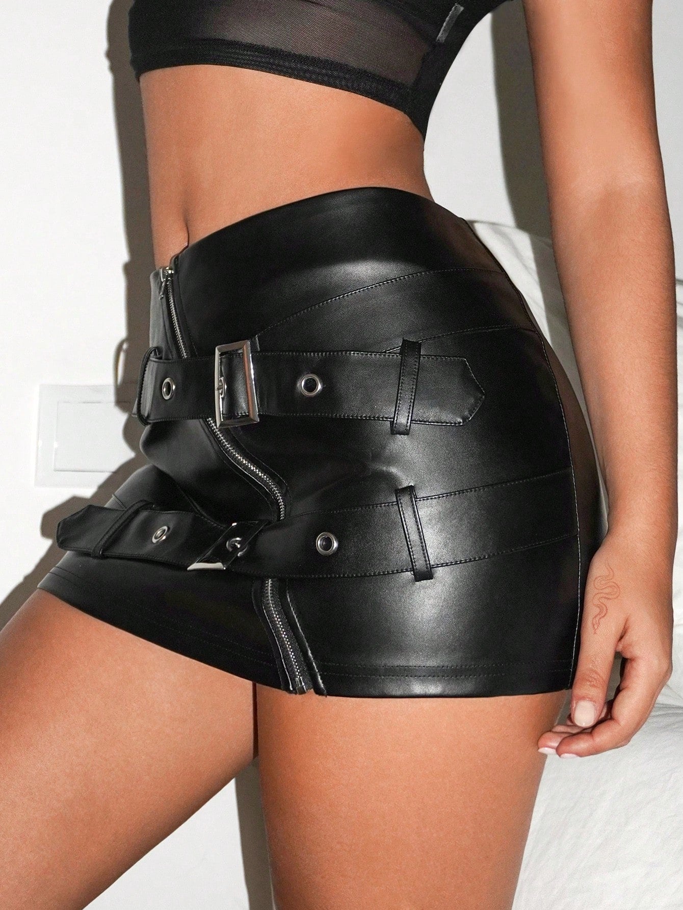 ICON Y2k Black Pu Mini Skirt With Slanted Zipper And Belt Detail