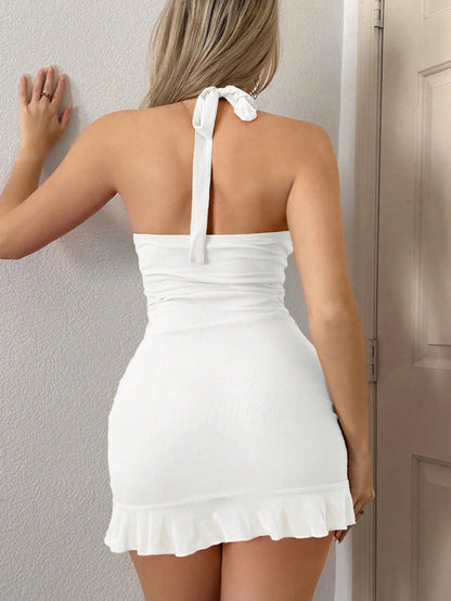 ICON Y2k Summer Halter Neck Tie, Ruffle Edge, Sheer Mesh Wrap Mini Pink Dress,White Graduation Dress