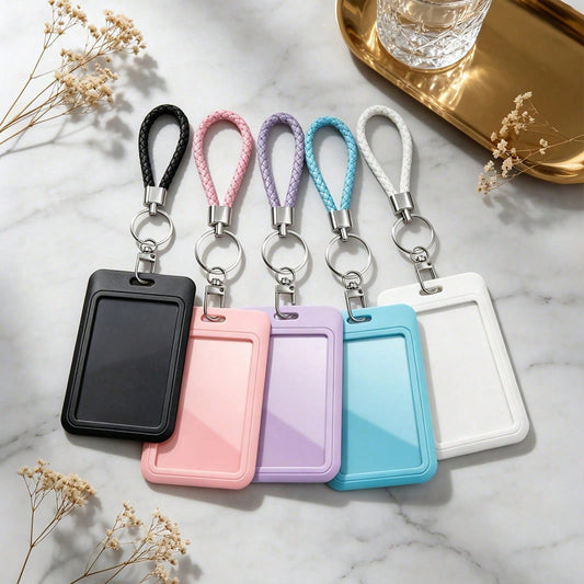 ID Card Badge Holder With PU Leather Keychain, Plastic Slide Open With ID Window For Women Men Students,Back To School Gift, Id Badge Holder