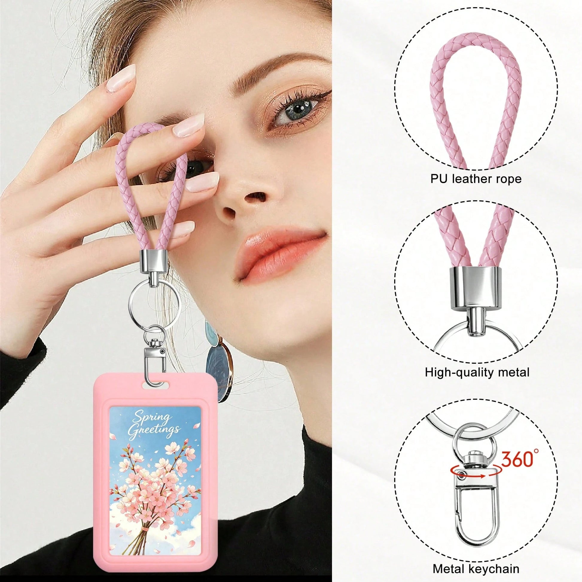 ID Card Badge Holder With PU Leather Keychain, Plastic Slide Open With ID Window For Women Men Students,Back To School Gift, Id Badge Holder