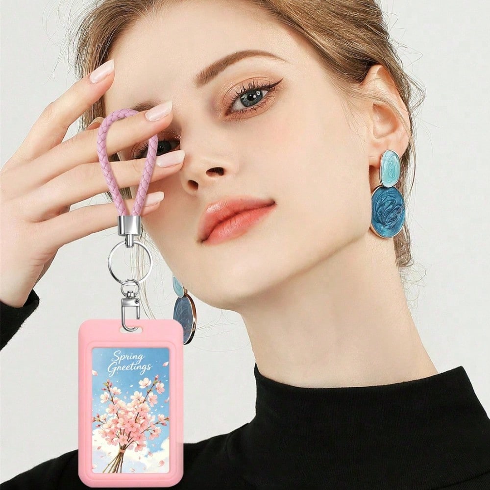 ID Card Badge Holder With PU Leather Keychain, Plastic Slide Open With ID Window For Women Men Students,Back To School Gift, Id Badge Holder