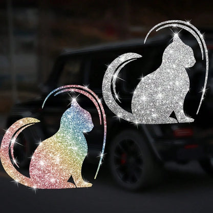 Imitation Diamond Glitter Reflective Cat And Heart Car Sticker- Durable PVC, Night Safety Car Exterior Decoration