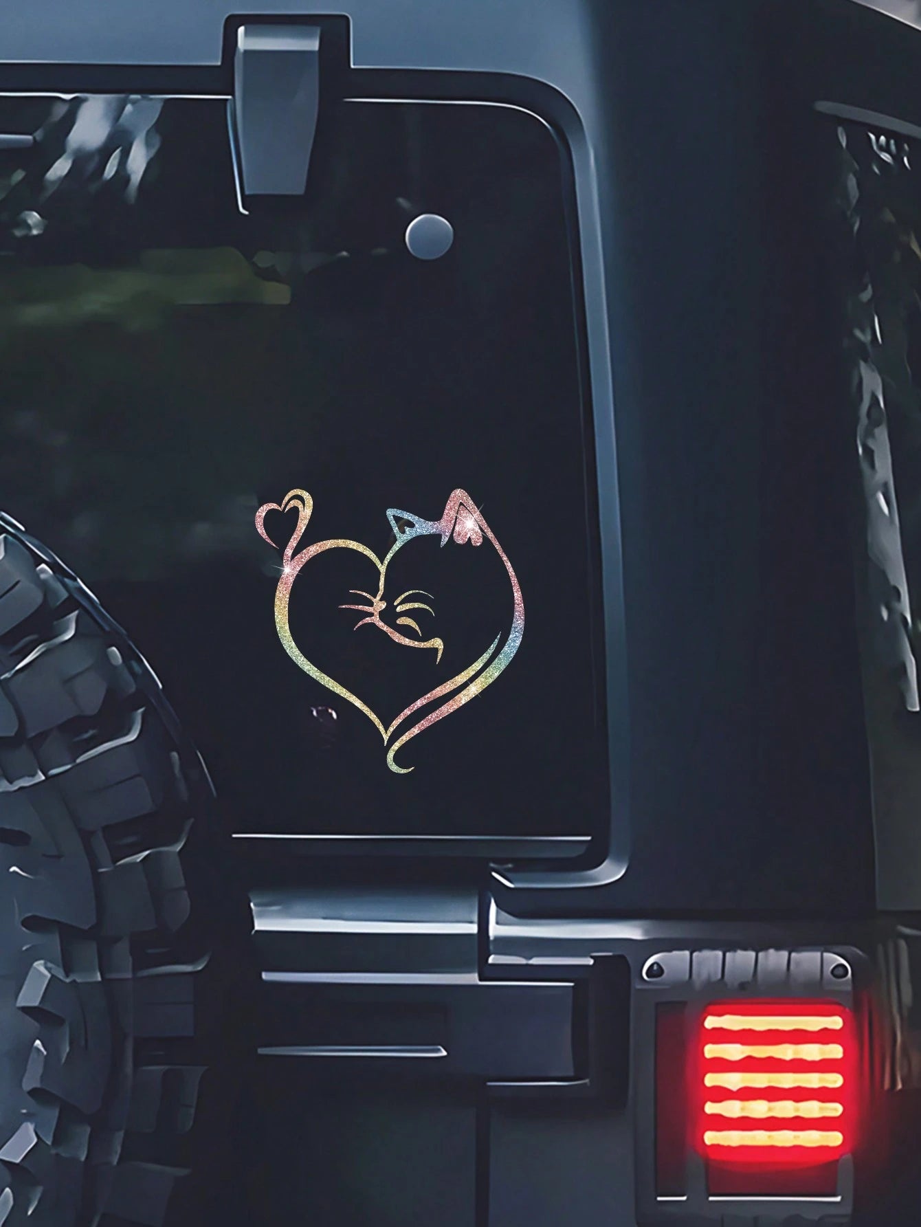 Imitation Diamond Glitter Reflective Cat And Heart Car Sticker- Durable PVC, Night Safety Car Exterior Decoration