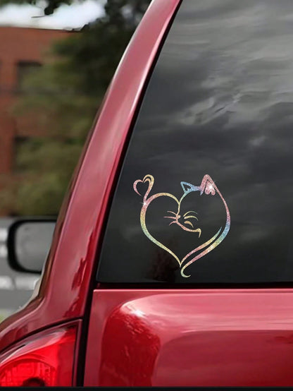 Imitation Diamond Glitter Reflective Cat And Heart Car Sticker- Durable PVC, Night Safety Car Exterior Decoration