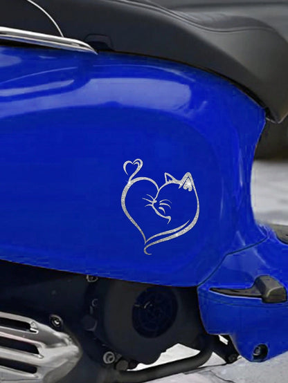 Imitation Diamond Glitter Reflective Cat And Heart Car Sticker- Durable PVC, Night Safety Car Exterior Decoration