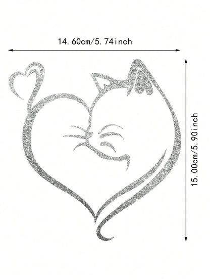 Imitation Diamond Glitter Reflective Cat And Heart Car Sticker- Durable PVC, Night Safety Car Exterior Decoration