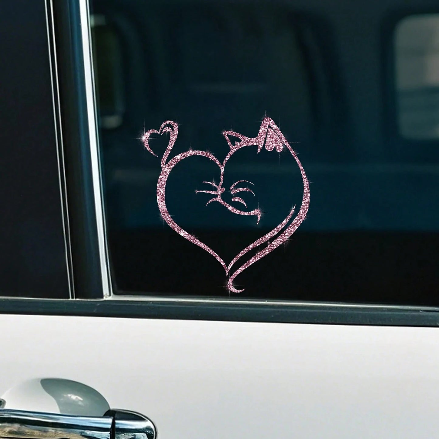 Imitation Diamond Glitter Reflective Cat And Heart Car Sticker- Durable PVC, Night Safety Car Exterior Decoration
