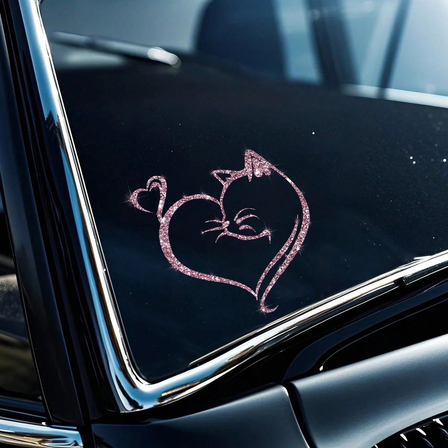 Imitation Diamond Glitter Reflective Cat And Heart Car Sticker- Durable PVC, Night Safety Car Exterior Decoration