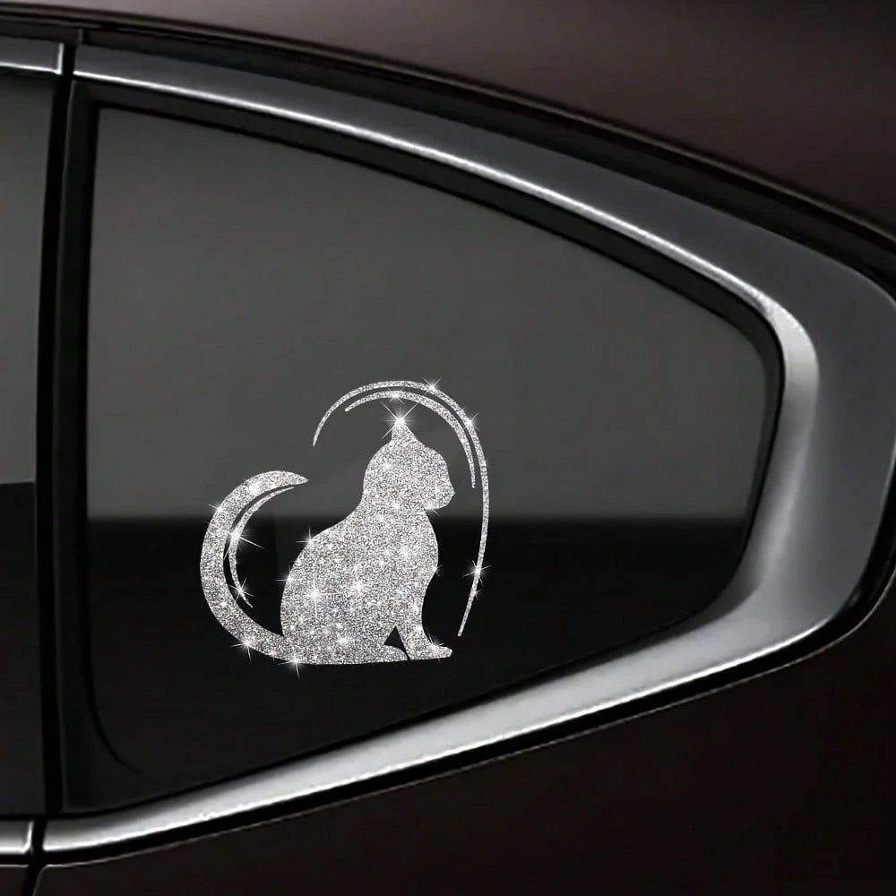Imitation Diamond Glitter Reflective Cat And Heart Car Sticker- Durable PVC, Night Safety Car Exterior Decoration